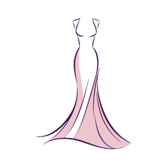 Logotipo de boutique de moda femenina. Dibujo minimalista con líneas y relleno de un vestido de noche con falda, © teracreonte