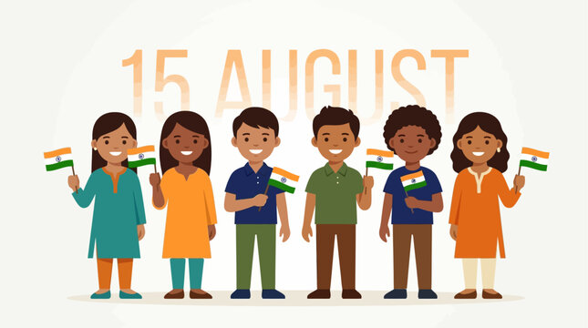 A heartwarming flat design vector illustration showing a diverse group of Indian children joyfully celebrating Independence Day, each holding a national flag.