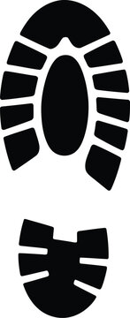 A black and white of a shoe sole footprint with a textured tread pattern, showing the heel and forefoot sections, isolated on a white background, representing walking or tracking