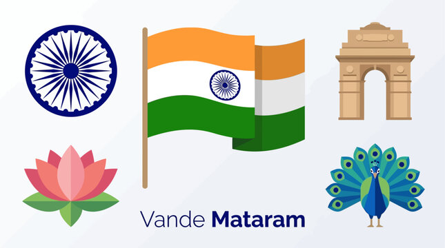 A comprehensive flat design vector illustration showcasing a collection of iconic Indian patriotic symbols, including the flag, Ashoka Chakra, India Gate, lotus, and peacock, with 'Vande Mataram' typo