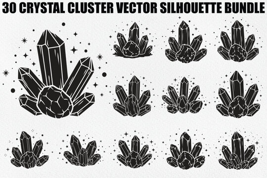 Crystal cluster vector bundle, crystal silhouette collection, black crystal icons, gemstone illustrations