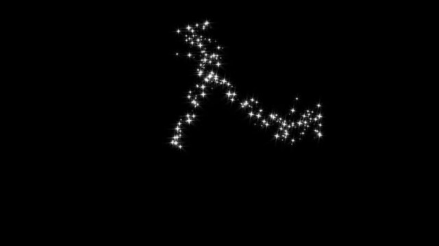 Fairy dust wand glitter stars trail with white cartoon blinking star, flat vector doodle sparkle animation, fast line glitter motion, glowing light trails on black background alpha channel loop in 4K