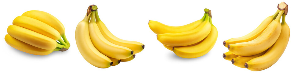 Four bunches of ripe yellow bananas isolated on a white background, showcasing fresh, healthy tropical fruit ready for consumption. © Lalu