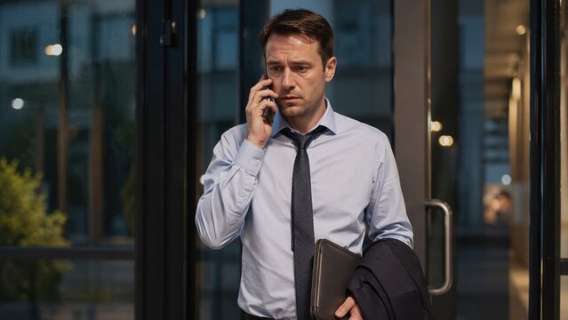 Burned out office worker making final call near exit shows inability to disconnect, work spillover and realistic emotional fatigue after long day.
