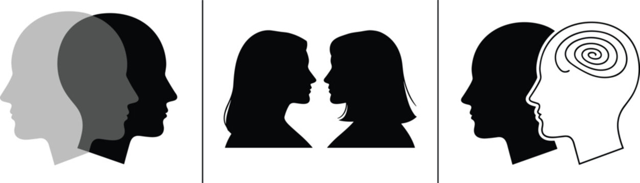 Human head silhouettes with overlapping profiles communication interaction and mental process concept featuring identity and thinking patterns isolated on white background