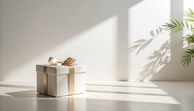 A gift box tied with a ribbon in the sunlight