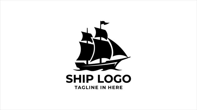 Black silhouette of a sailing ship with a flag on a white background