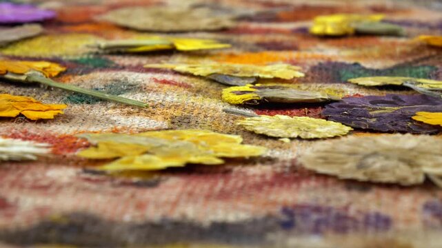 Flat dried flowers arrangements, floral fantasy.  Dried aster and marigold flowers lie on the a beige burlap cloth with abstract painting, background, side view 