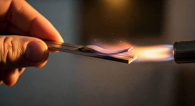 Hand demonstrating bimetallic strip expansion with heat