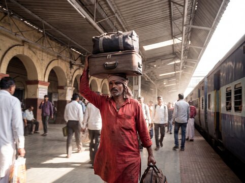 South Asian railway porter carrying heavy luggage on his head at a crowded train station platform