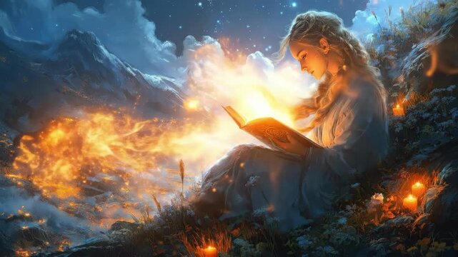 Young caucasian woman reading fantasy book amidst magical night landscape. The concept of mysticism, rituals, astrology, fortune-telling, shamanism, tarot, seers, clairvoyants