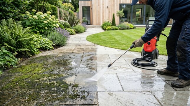 Pressure washing garden pavers in outdoor maintenance scene, strong contrast between dirty and freshly cleaned stone surface, visible water spray, exterior care, seasonal cleanup service.