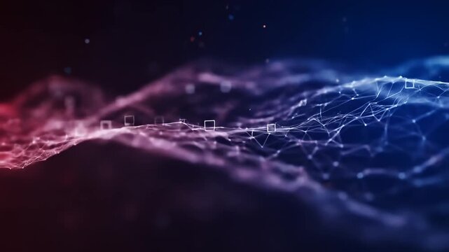 Data stream abstraction with red, blue, and white particles and cubes in dark space
