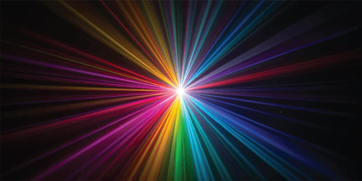 An abstract rainbow background features a bright explosion of colorful light rays and glowing energy patterns in a motion blur design that creates a vibrant space wallpaper