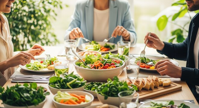 People gather around a wooden table enjoying a healthy meal with fresh salads, colorful vegetables, and nutritious food. Green plants create a natural atmosphere of wellness and connection.