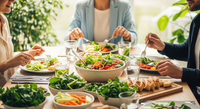 People gather around a wooden table enjoying a healthy meal with fresh salads, colorful vegetables, and nutritious food. Green plants create a natural atmosphere of wellness and connection.