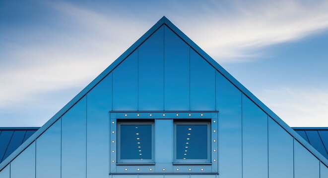 A modern blue building with a triangular peaked roof and two square windows set symmetrically in the gable. Clean vertical lines and minimalist design against a partly cloudy sky.