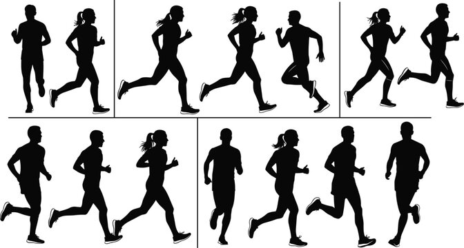 Running people silhouettes collection showing male and female joggers in dynamic motion representing fitness training and active lifestyle 