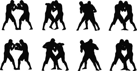 Boxing and sparring silhouettes collection showing fighters in striking and clinch positions, dynamic combat sport action isolated on white background © mokbul