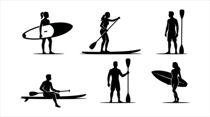 Fototapeta premium Diverse Paddleboarders Silhouettes Engaging in Various Water Sports Activities Vector Set