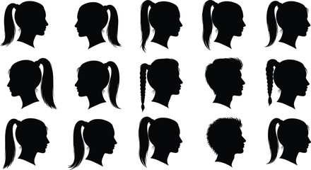 Female and male head silhouettes collection showing different hairstyles ponytail braid short hair profile portraits isolated on white background © Jahanara