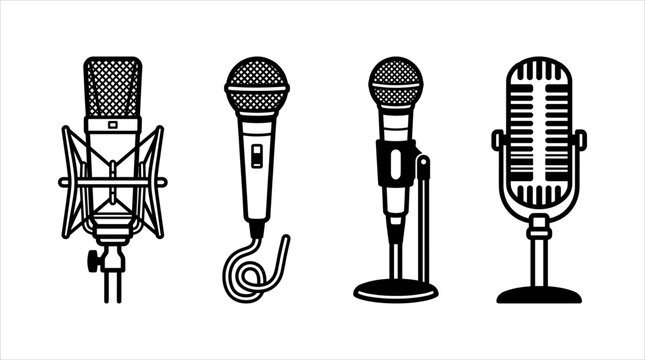 Set of four vector microphones illustration in black and white