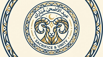 Obraz premium Eid al-Adha Mubarak emblem with ram head, crescent moon, Arabic calligraphy, geometric border, symbolizing sacrifice, unity, and devotion.
