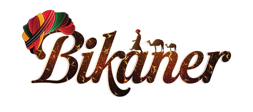 Bikaner Rajasthan India Tourism Typography with Colorful Pagri Safa and Camels