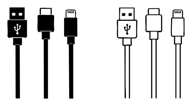 USB cable connectors, such as type A, type C, and a custom mobile connector, available in solid and outlined designs