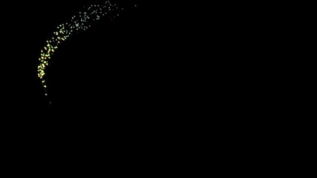 Glowing glitter trail animation, white flat vector stars blinking, fast motion glitter stars animation, twinkling magical dust, fairy sparkle, stars line path, black background, seamless 4k.