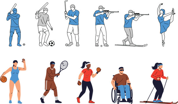 Diverse sport activities illustration set with athletes and adaptive sports, inclusive fitness concept showing various games, movement, and active lifestyle design