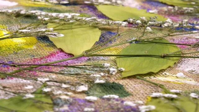 Flat dried flower arrangements. Dried pressed gypsophila paniculata    flowers and camellia leaves lie on the beige burlap cloth with abstract painting, background, side view 
