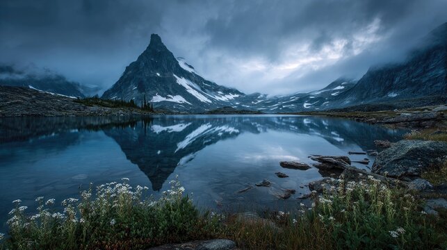 A remote mountain lake perfectly mirroring a dramatic snow-capped peak and stormy sky, absolute stillness of the water, early morning fog, small wildflowers in the foreground