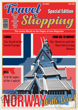 Travel and Shopping Magazine Fake Cover. Norway with Love. Norsk Folkemuseum Tourist Attraction Illustration. Norway Flag, Vector Template for Touristic Illustrations, Posters, Covers