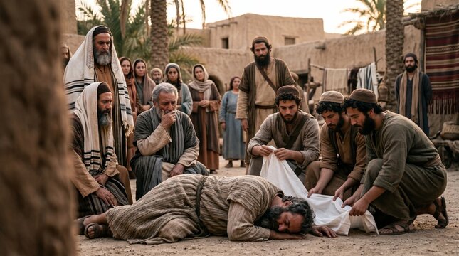 Apostle Peter confronting Sapphira after the death of Ananias in Jerusalem. Biblical scene from Acts of the Apostles chapter 5. Traditional historical drama of Christian faith.