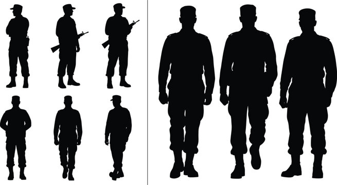 Military soldier silhouettes collection featuring armed guards and walking troops in uniform, defense, security and patrol concept isolated on white background
