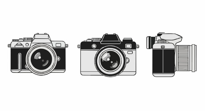Illustration of cameras featuring DSLR, film, and point-and-shoot types in a neutral environment from a frontal viewpoint