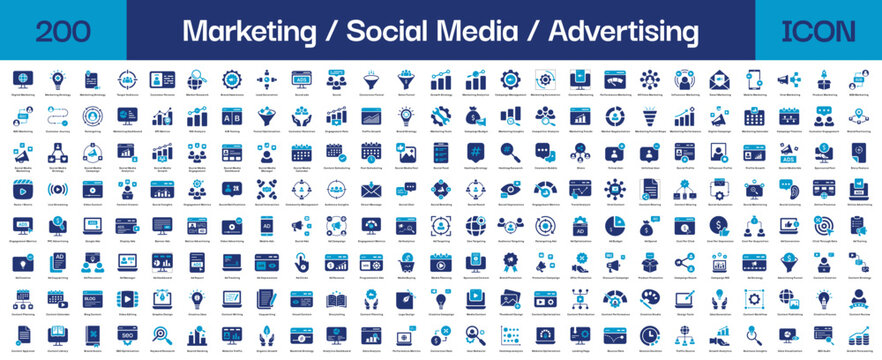 200 Marketing and Social Media Solid Icon Set, Digital Advertising, SEO, Blog, Content and Business Growth Strategy Vectors for Web and Mobile UI Collection