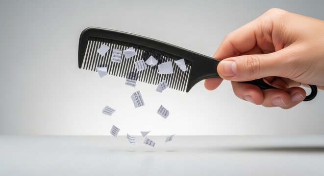 Hand holding charged comb attracting paper pieces