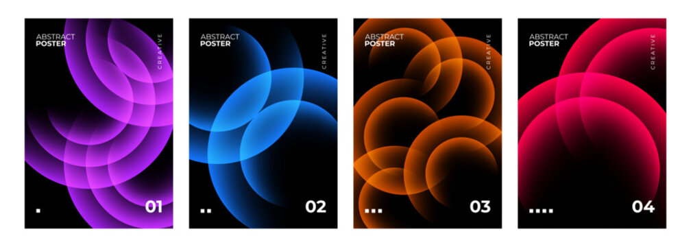 Set of futuristic abstract posters. Blurred spheres. Vibrant colored circles. Neon color gradient round shapes for creative graphic design. Vector illustration.