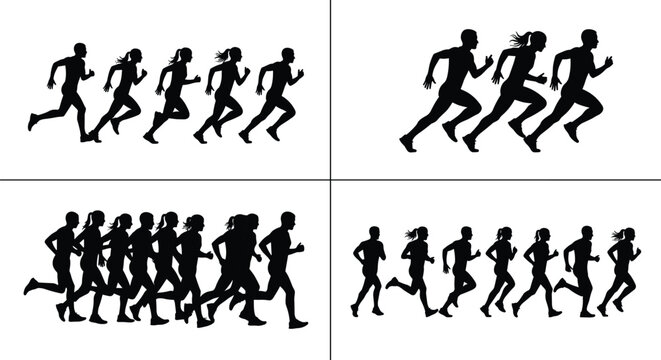 Running people silhouettes collection featuring men and women jogging in groups and individual sprint poses, fitness and active lifestyle concept isolated