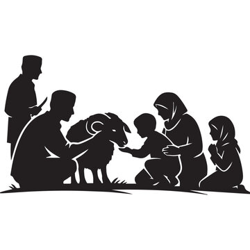 Sheep silhouette, ritual sacrifice, cultural practice, family figures, adults and children, knife holder, guiding sheep, comforting animal, prayer gesture, kneeling child, raised hands, spiritual moti