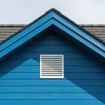 Blue wooden house exterior with white louvered attic vent under gable roof