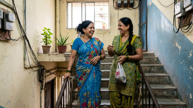 Two Indian women in traditional sari and salwar kameez laughing while standing on staircase. Friends chatting and walking together in apartment building. Daily life and social interaction.