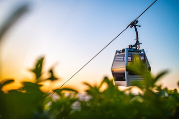 Cable car gondola at golden sunset hour with green foliage foreground © Ployker