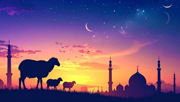Eid al Adha background with silhouette of sheep and mosque at dusk