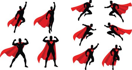 Superhero silhouette set with flying and jumping poses, dynamic red cape characters illustrating strength, power, action, and comic style design © mokbul