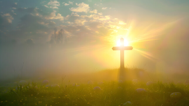 Christian Cross on Hill at Sunrise, Religious Easter Background with Sunbeams