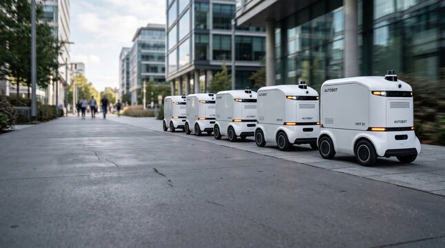 Fleet of autonomous delivery robots moving along a city sidewalk near modern office buildings