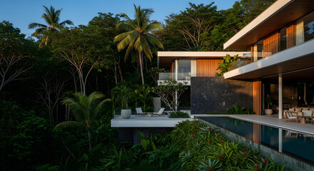 Fototapeta premium Modern luxury villa with infinity pool surrounded by lush tropical jungle